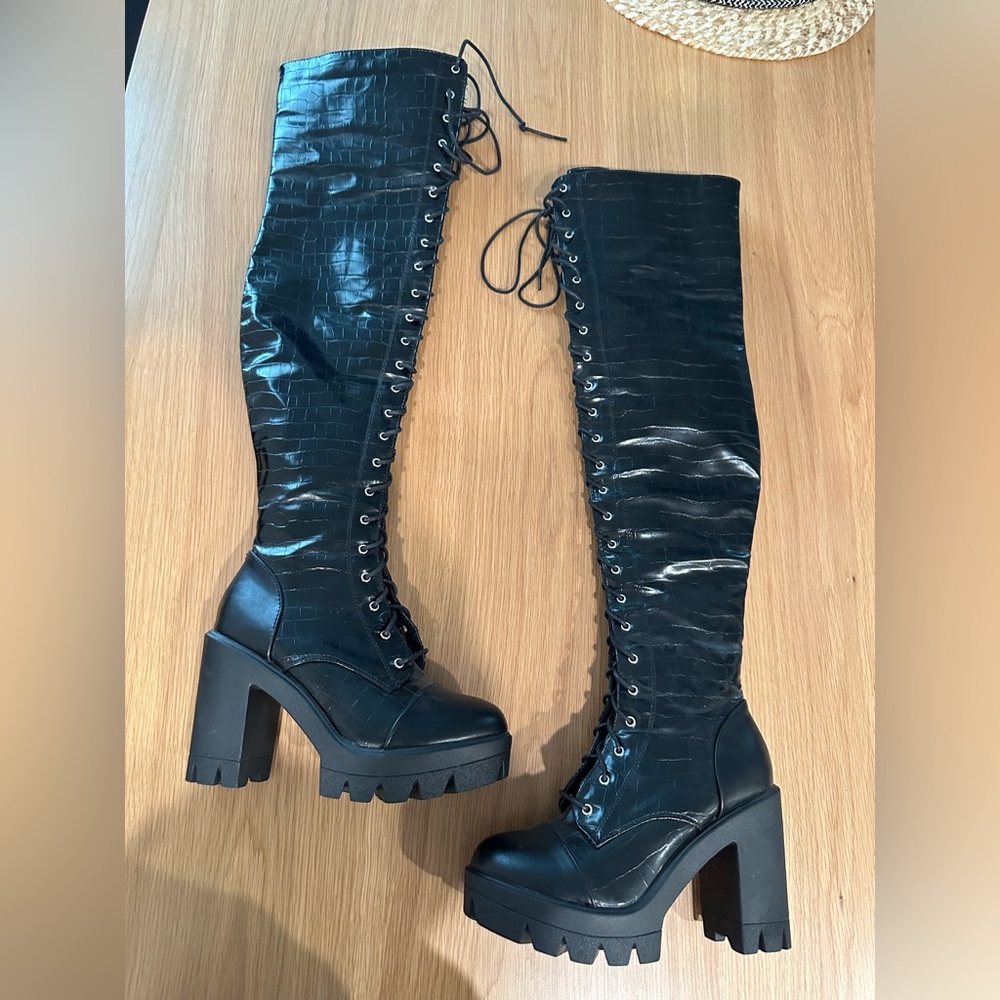 Brand New Black Lace-Up Knee-High Boots